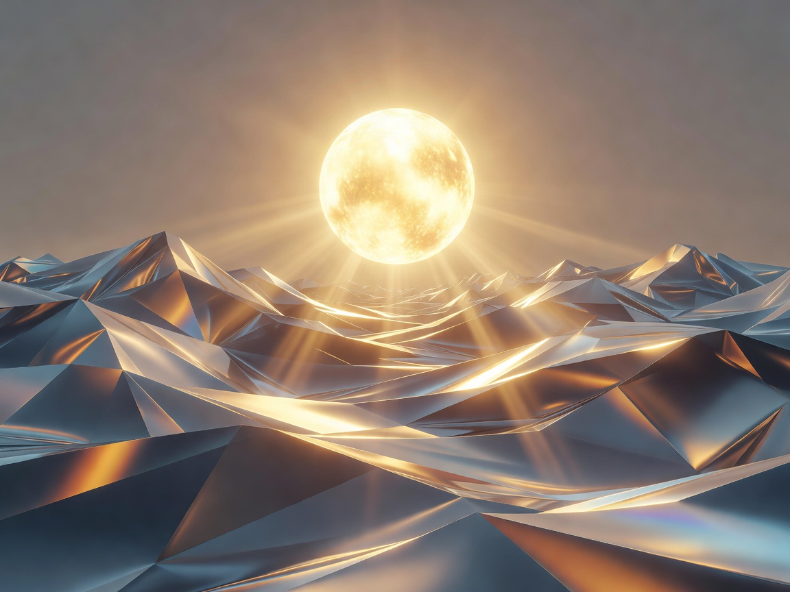 Abstract 3D render of a glowing sun over geometric waves