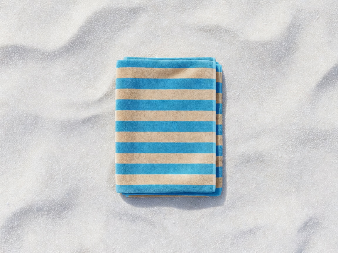3D overhead render of a neatly folded beach towel on white sand