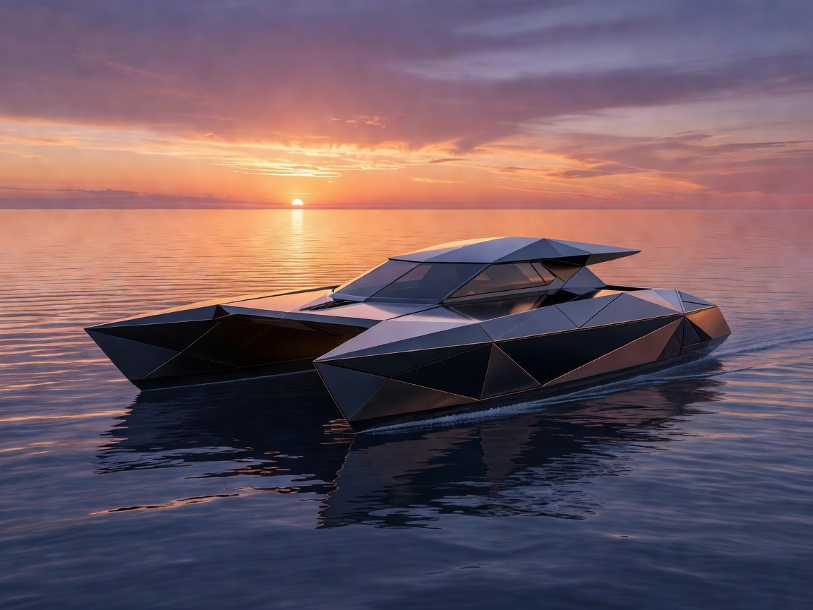 3D render of a geometric catamaran at sunset
