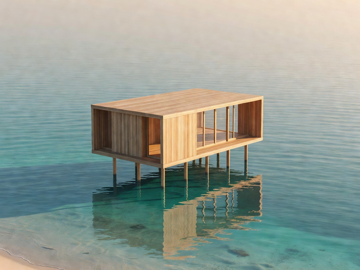 3D render of a minimalist wooden resort cabine over water